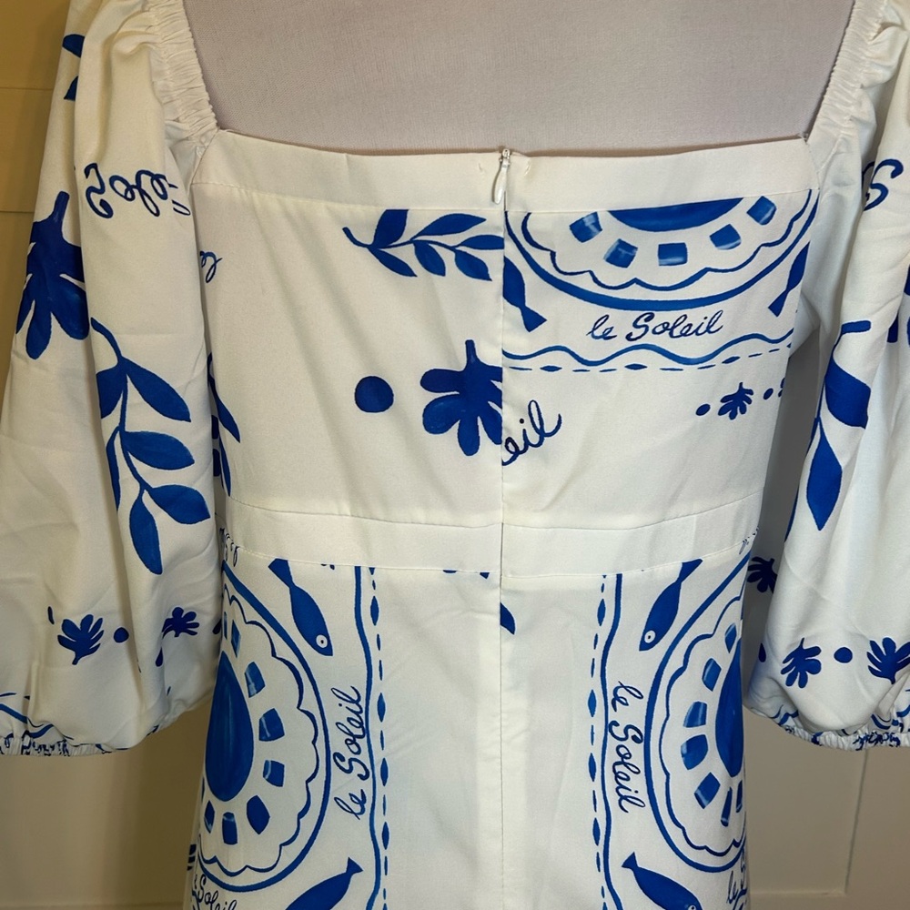 White and Blue Mediterranean Square-Neck Maxi Dress XXL - Picture 3 of 12